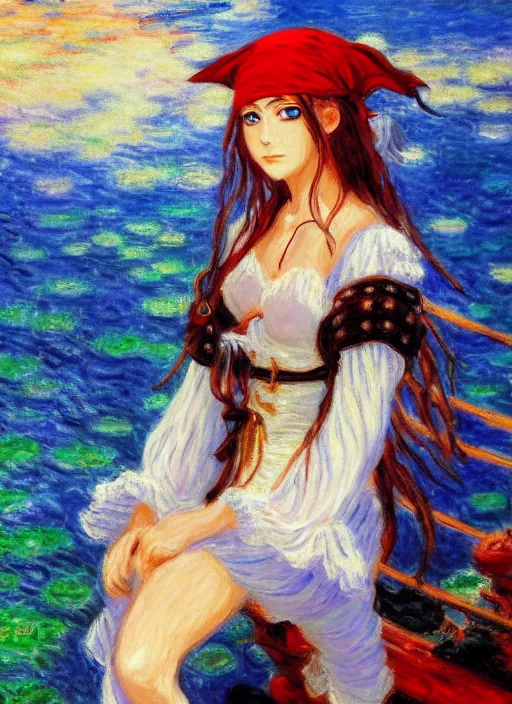 Prompt: a portrait of a female pirate, anime in impressionist style, trending artwork, 4 k, anime painter studio, by claude monet