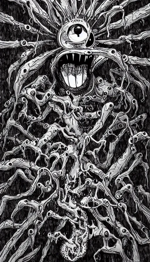 Prompt: a storm vortex made of many demonic eyes and teeth, by alex pardee