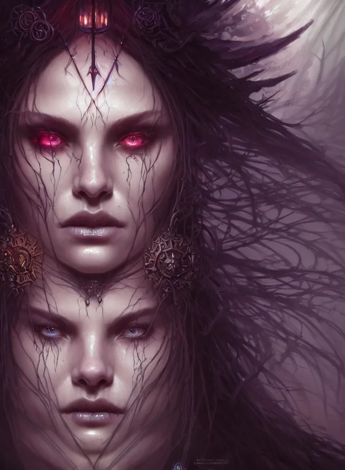 Image similar to Necromancer Sorceress face close-up macro in center, fantasy magic, undercut hairstyle, dark light night, intricate, elegant, sharp focus, illustration, highly detailed, digital painting, concept art, matte, art by WLOP and Artgerm and Greg Rutkowski and Alphonse Mucha, masterpiece