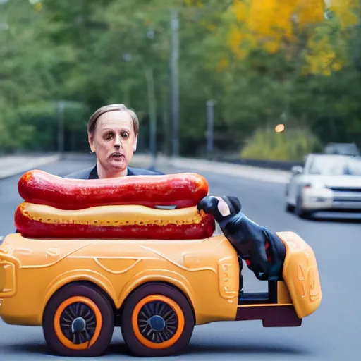 Prompt: steve buscemi driving a sausage car, canon eos r 3, f / 1. 4, iso 2 0 0, 1 / 1 6 0 s, 8 k, raw, unedited, symmetrical balance, in - frame