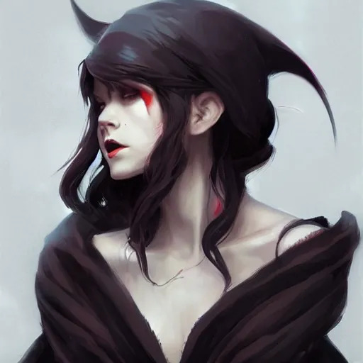 Image similar to female human vampire witch in the style of greg rutkowski, makoto shinkai, trending on artstation, character design, concept art, pretty face, highly detailed, long black hair, portrait, digital art