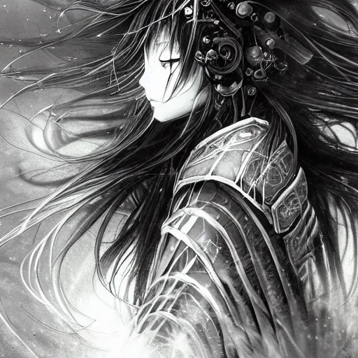 Prompt: Yoshitaka Amano blurred and dreamy illustration of an anime girl with wavy white hair fluttering in the wind and cracks on her face wearing elden ring armour with the cloak, abstract black and white patterns on the background, noisy film grain effect, highly detailed, Renaissance oil painting, weird portrait angle