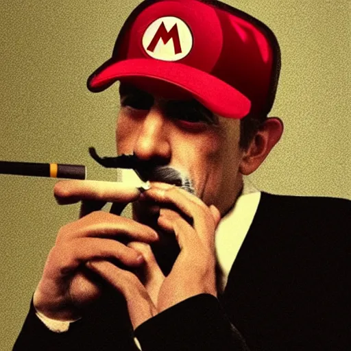 Prompt: Mario smoking a cigarette in a David Lynch film aesthetic!!!