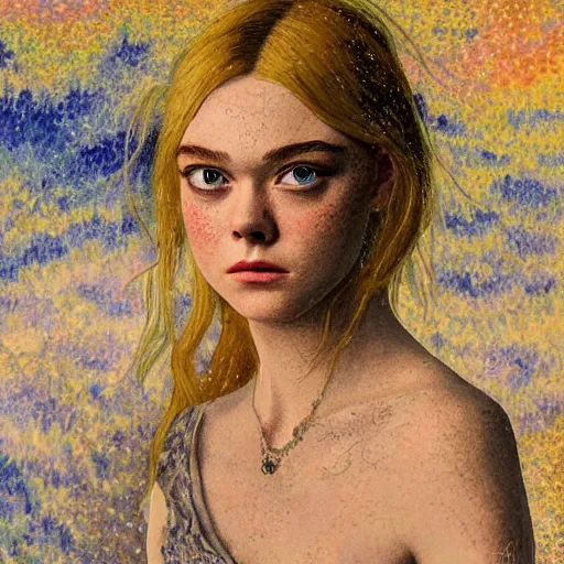 Image similar to professional painting of Elle Fanning in Dark Souls in the style of Henri-Edmond Cross, head and shoulders portrait, symmetrical facial features, smooth, sharp focus, illustration, intricate, stormy weather, extremely detailed masterpiece,