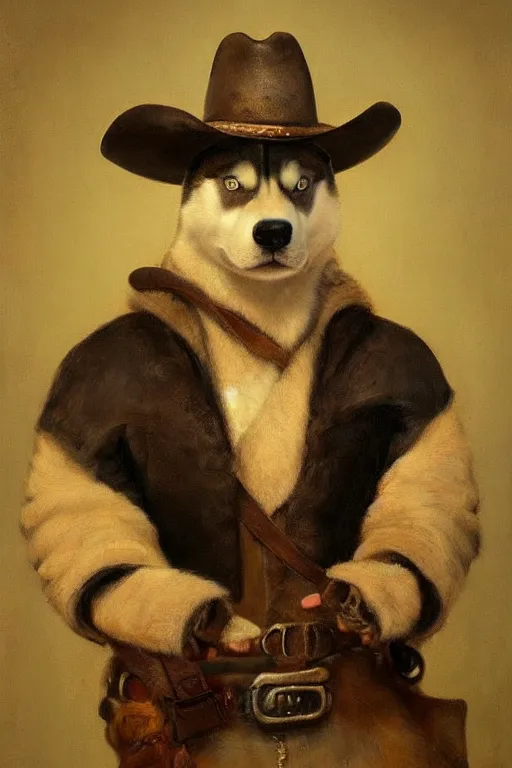 Prompt: a portrait painting of a husky in cowboy costume, wearing a cowboy hat, by rembrandt, [ western film ], trending on artstation