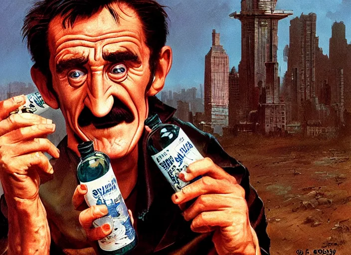 Image similar to barry chuckle drinking a bottle of snake oil, snake oil advertisement from 1 9 8 8, artwork by greg rutkowski and richard corben, 3 d, high resolution 8 k