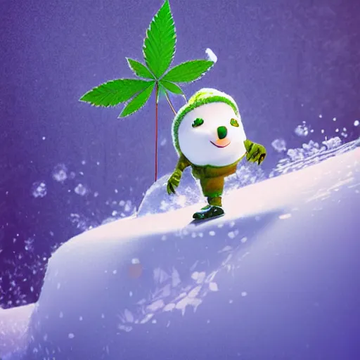 Prompt: a portrait of a mochi cannabis leaf snowball cute friendly character snowboarding in a gelatinous australian ❄ environment 3 d rendered in octane, by eyvind earle