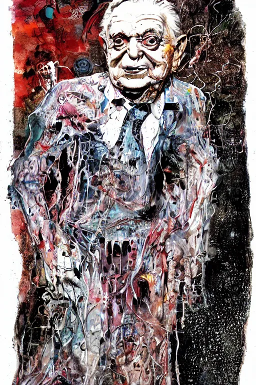 Prompt: George Soros full body shot, Body horror, biopunk, by Ralph Steadman, Francis Bacon, Hunter S Thompson