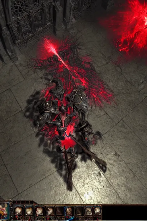 Prompt: Path of Exile, [Sirius], clear [[bronze]] face [mask], luminous red eyes, male image with [bronze] black bloody armor, sitting on the throne, inside the ruined gothic church, black shadows, red lasers, dark red bloody fog, black-grey smoky tornadoes fly around, [[blood]], Anachronism, painting, dark fantasy, steampunk, 4k, perfect quality,