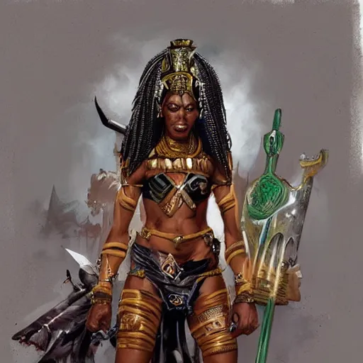 Image similar to African Warrior Priestess with Shining Eyes, by Simon Bisley and Jeff Simpson