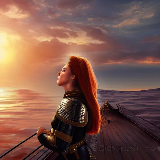 Image similar to portrait of a woman medieval ship pilot on a ship looking into the sunset on the sea, wearing breastplate, hair in side part, digital art, bokah, high fantasy art style
