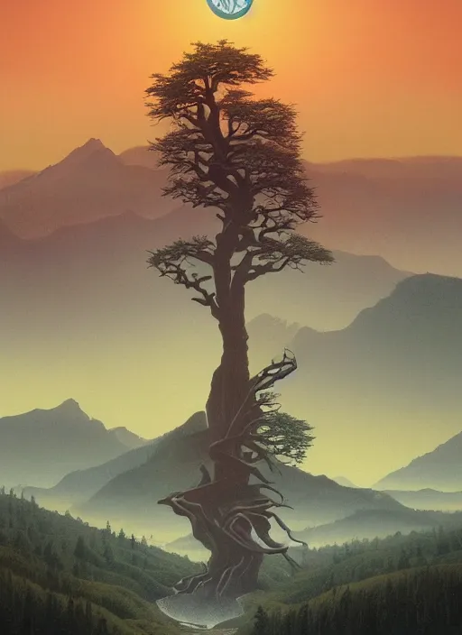 Prompt: Twin Peaks poster artwork by Michael Whelan and Tomer Hanuka, Rendering of the tree of life, by Makoto Shinkai and thomas kinkade, Matte painting, trending on artstation and unreal engine