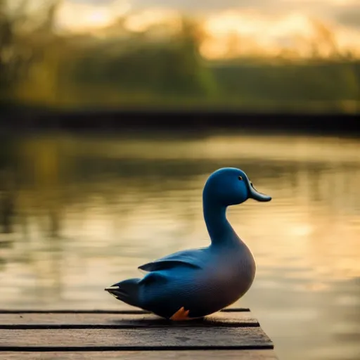 Prompt: standing on the old wooden dock in the early morning, the young boy dressed in jeans and a t - shirt, looked out at the small blue duck sitting on the water.