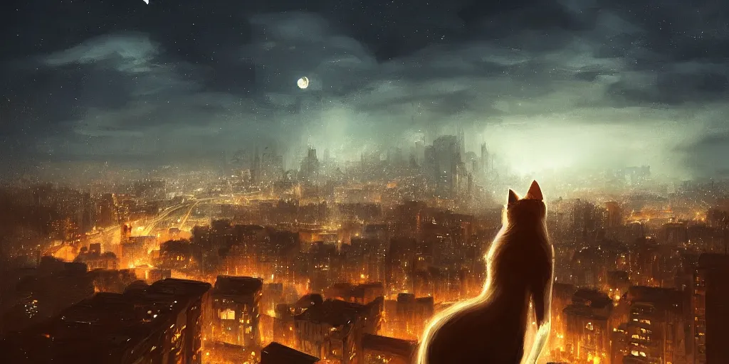 Image similar to A cat overlooking a city at night by Jessica Rossier and Alena Aenami