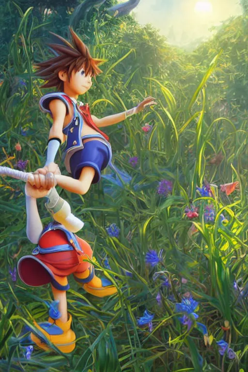 Image similar to sora from kingdom hearts, wavy hairstyle, highly detailed, in a magical lush field of overgrown plants, goofy and Donald Duck blurred in the background, digital painting, artstation, concept art, smooth, sharp focus, illustration, cinematic lighting, art by artgerm and greg rutkowski and alphonse mucha