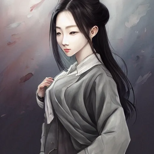 Image similar to dynamic composition, motion, ultra-detailed, incredibly detailed, a lot of details, amazing fine details and brush strokes, colorful and grayish palette, smooth, HD semirealistic anime CG concept art digital painting, watercolor oil painting of a young office lady, by a Chinese artist at ArtStation, by Huang Guangjian, Fenghua Zhong, Ruan Jia, Xin Jin and Wei Chang. Realistic artwork of a Chinese videogame, gradients, gentle an harmonic grayish colors.