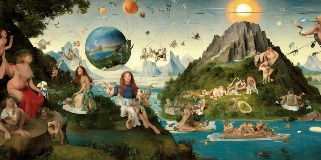 Image similar to The Great Turtle Island at the center of the Universe holding up the sky, Encircled by Mystical Interstellar Nether Worlds, Magic Fairyland, Going to the Sun Highway Glacier Park, Michael Cheval, Hieronymus Bosch, François Boucher, William-Adolphe Bouguereau, Oil Painting, unreal 5, DAZ, hyperrealistic, octane render, Regal, Refined, Detailed Digital Art, RPG portrait, Anton Fadeev, Walt Disney (1937), Steampunk, Volumetric Golden dappled dynamic lighting, Highly Detailed, Cinematic Lighting, Unreal Engine, 8k, HD