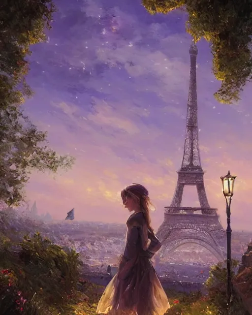 Image similar to over the shoulder landscape painting of violet evergarden, behind are distant lights from paris, eiffel tower, next to the reflecting ocean, nighttime, by vladimir volegov and Philipp A. Urlich and Pengzhen Zhang and Andreas Rocha, fantasy, intricate, elegant, highly detailed, digital painting, artstation, blender, unreal engine 5, octane render, smooth, sharp focus, illustration