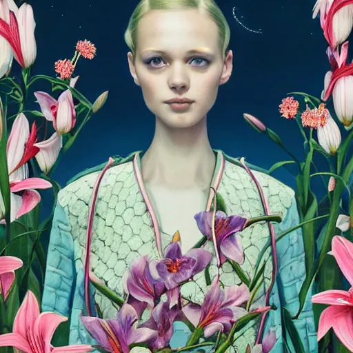 Image similar to pretty model with lilies : : by martine johanna and simon stalenhag and chie yoshii and casey weldon and wlop : : ornate, dynamic, particulate, rich colors, intricate, elegant, highly detailed, vogue, harper's bazaar art, fashion magazine, smooth, sharp focus, 8 k, octane render