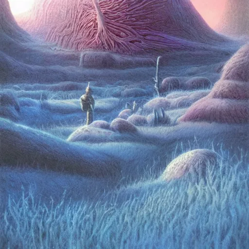 Image similar to artistic digital artwork of an epic natural scene on an alien planet. beautiful landscape by vincent bons, michael whelan, remedios varo and gerardo dottori. grainy and rough. interesting pastel colour palette. beautiful light. oil and water colour based on high quality render.