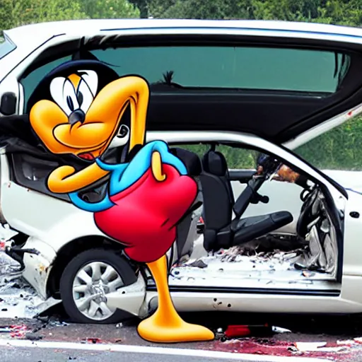 Prompt: goofy in a car accident