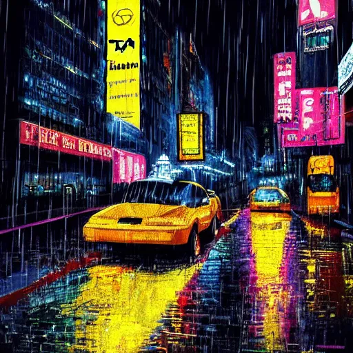 Image similar to « a man walking in a night raining streets, new york, big city, taxi, cars, shops one the side with neons, digital art, highly detailed »