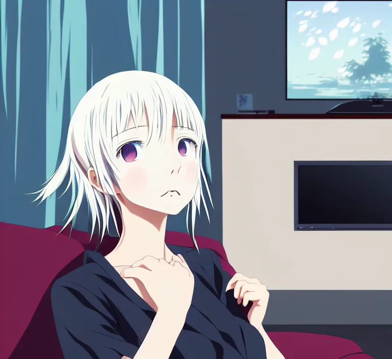 Image similar to anime visual, a young japanese woman with white hair watching tv in the living room, cute face by ilya kuvshinov, yoshinari yoh, makoto shinkai, katsura masakazu, dynamic perspective pose, detailed facial features, kyoani, rounded eyes, crisp and sharp, cel shad, anime poster, ambient light