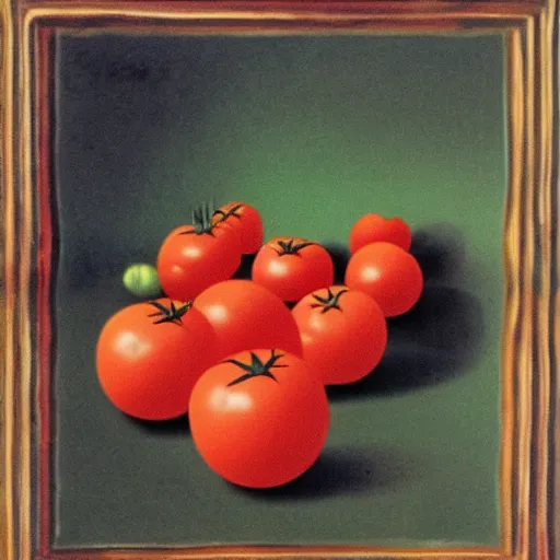 Prompt: attack of the killer's tomatoes. rene magritte style