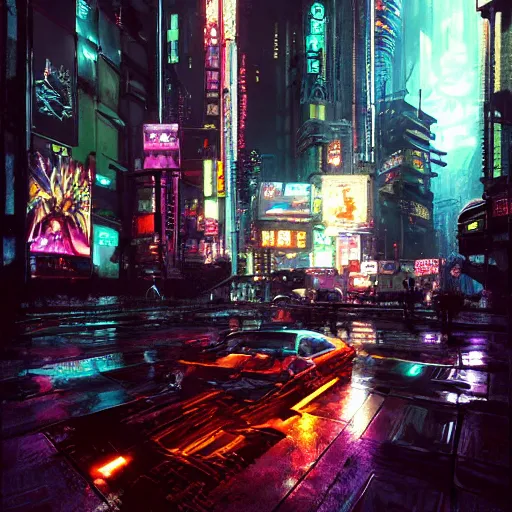 Image similar to a painting of cyberpunk tokyo ultra realistic, colour, concept art, intricate details, night, thunder, raining, eerie, highly detailed, dark fantasy, photorealistic, octane render, 8 k, unreal engine 5. art by artgerm and craig mullins, greg rutkowski and bill sienkiewicz