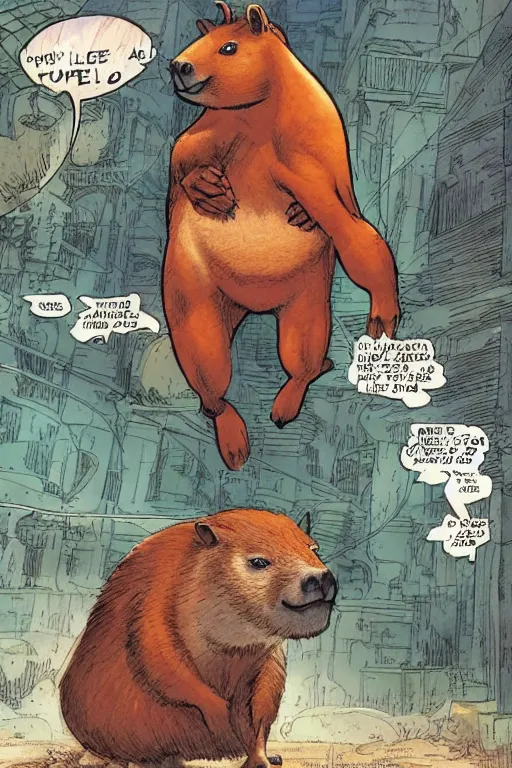 Prompt: a superhero capybara on an adventure, comic by david finch