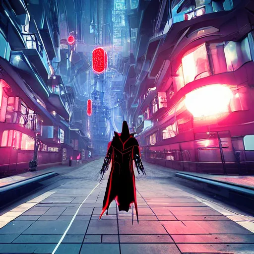 Image similar to photo of a grimm reaper walking in a futuristic city in a dystopian future made of electronic components and looks like a giant pcb board. Very detailed 8k. Unreal engine 5 render with nanite, global illumination and path tracing. Emphasize on the colors black and red.