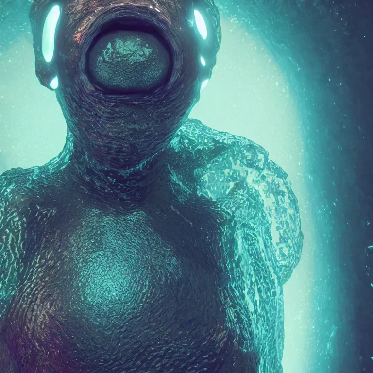 Image similar to octane render portrait by wayne barlow and carlo crivelli and glenn fabry, a deep ocean mariana trench creature made out inflated iridescent plastic and bioluminescence, cinema 4 d, ray traced lighting, very short depth of field, bokeh