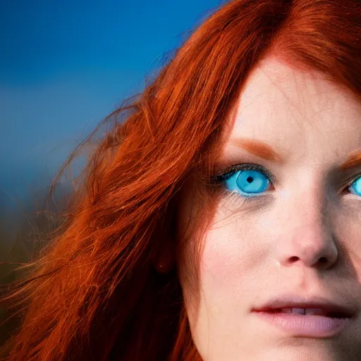 Prompt: close up portrait photo of the left side of the face of a redhead woman with blue eyes who looks directly at the camera. Slightly open mouth, face covers half of the frame, with a park visible in the background. 135mm nikon. Intricate. Very detailed 8k. Sharp. Cinematic post-processing. Award winning photography