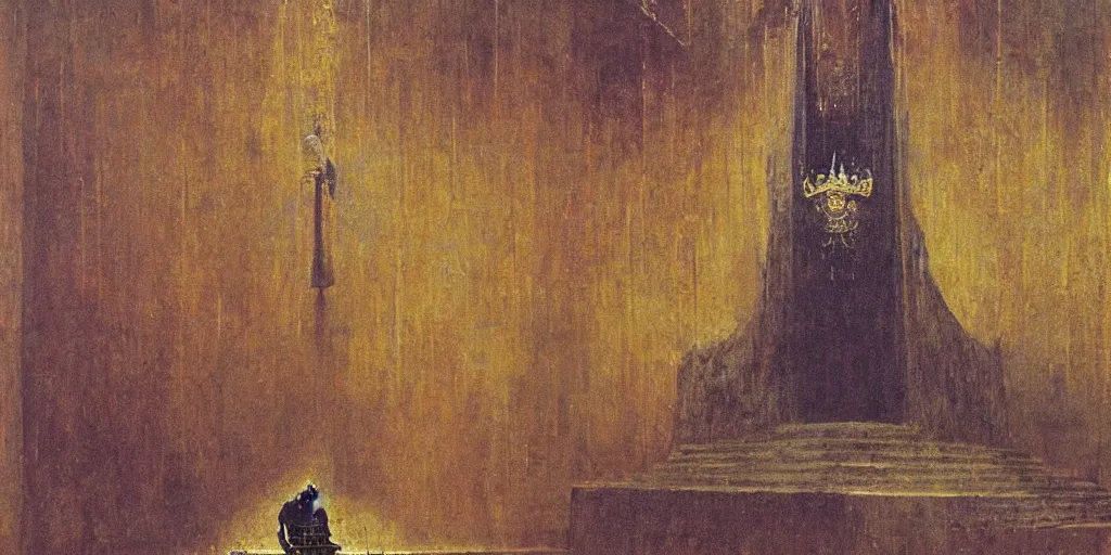 Image similar to a medieval king sitting on a golden throne led by stairs leaning on a shiny sword in a palace, light illuminating behind the throne, beksinski painting