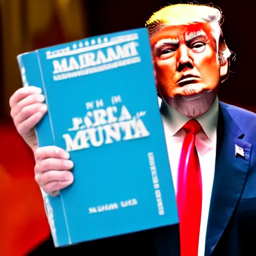 Image similar to A highly detailed photo of Donald Trump holding the communist manifesto