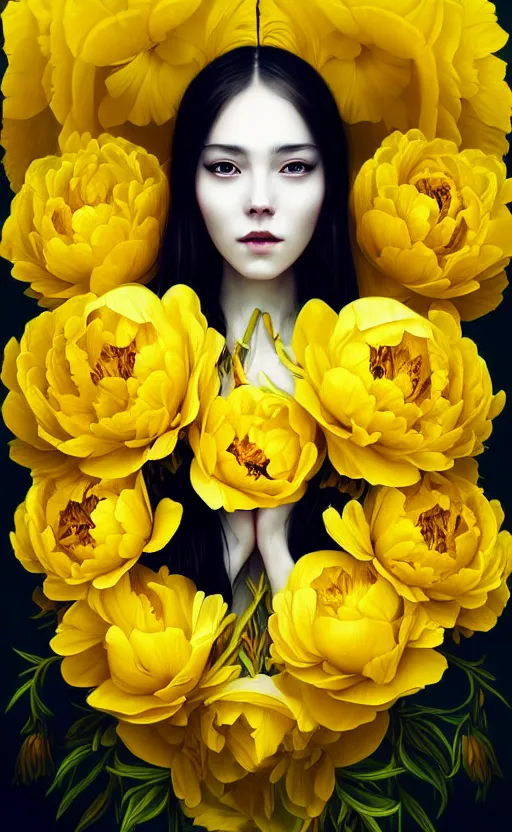 Image similar to beautiful yellow woman, symmetrical portrait, realistic, full body, black peonies, white snakes wrapped around the sky, rich details, by wlop