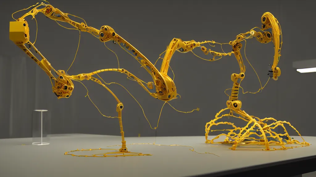 Image similar to a complex bifurcated robotic cnc surgical arm hybrid 3 d printer machine making organic ceramic kintsugi mandlebulb forms in the laboratory room, very thin gold wire, film still from the movie directed by denis villeneuve with art direction by salvador dali, wide lens, f 3 2, cinematic lighting, studio quality, smooth render, unreal engine 5 rendered, octane rendered