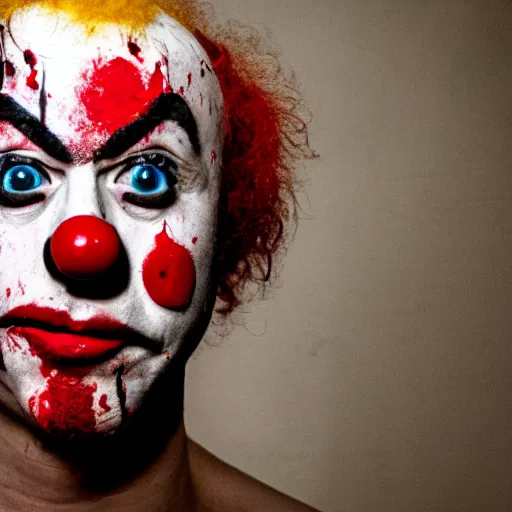 Image similar to wide shot of an expressionless clown with blood splattered on his face, muted tones, slightly out of focus, found footage, dutch angle