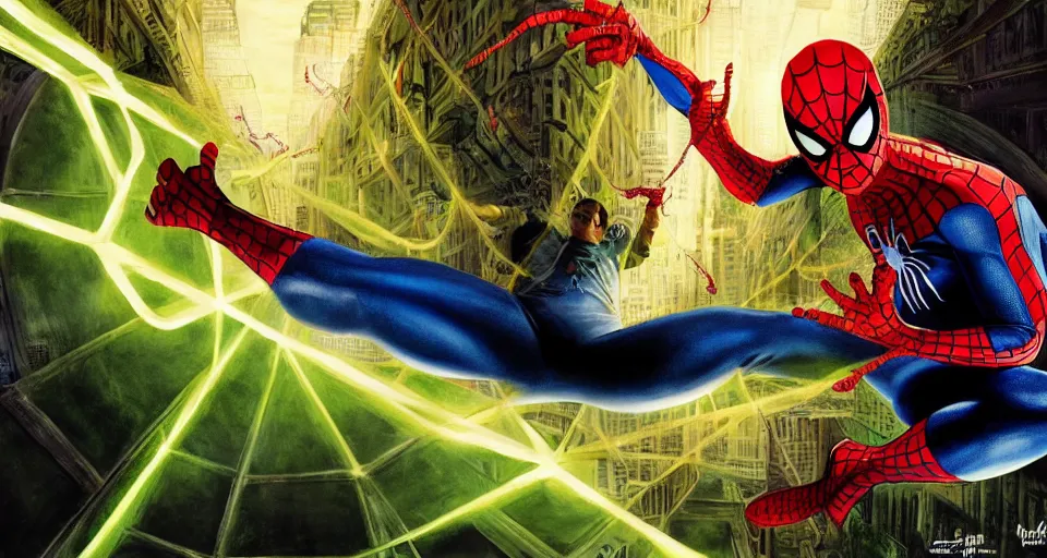 Image similar to tobey maguire's spider - man vs anthropomorphic lizard, reptile, creepy poster, alex ross art, air brush, oil paint, radiant light, caustics, heroic, bright iridescent light, cinematic shot, high quality, very epic, ultra detailed, 8 k.