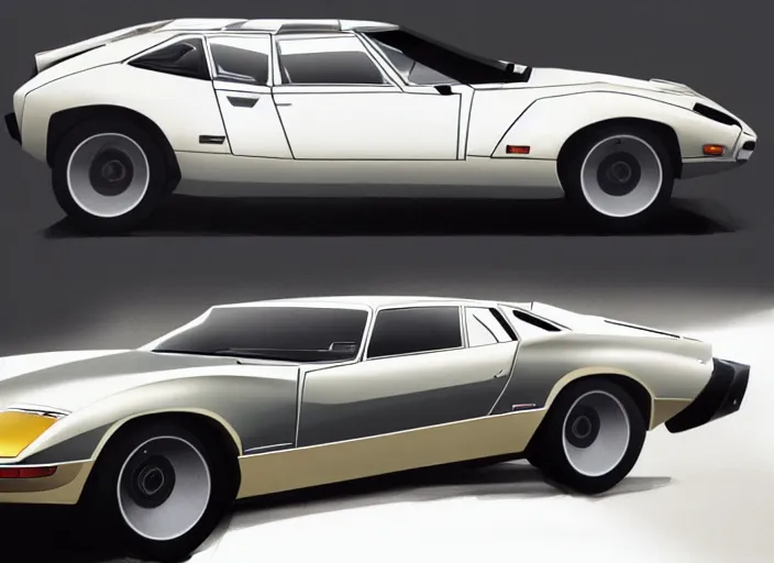 Image similar to a blending and amalgamation of a lamborghini countach, datsun 2 6 0 z and a jaguar e - type, concept art, 8 k, highly detailed