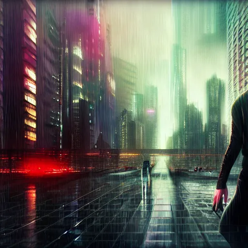 Image similar to neo from matrix on the background panel houses cityscape, acid rain, by artgerm, very realistic, highly detailed, 4 k, octane render