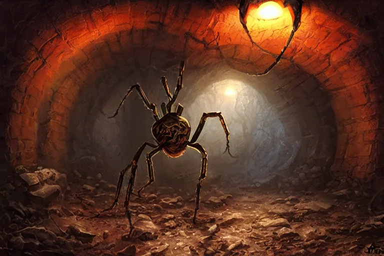 Prompt: a monstrous spider in a dark tunnel, cobwebs, in the style of ralph horsley, dramatic lighting, atmospheric, low angle, wide angle, hyper - realistic, concept art, highly detailed digital painting