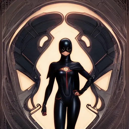 Prompt: cassandra cain wearing a black hooded technologically advanced body suit and cape, realistic, character select portrait, by artgerm, greg rutkowski, alphonse mucha, 3 d
