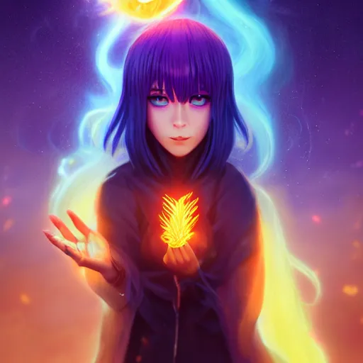 Image similar to rimuru tempest from tensura holding purple fire in her palm, with amber eyes of golden colored eyes, straight hair, sky blue hair, long bangs, concept art, award winning photography, key visual, digital painting, cinematic, wlop, 8 k, by ross tran, andy warhol, tom bagshaw