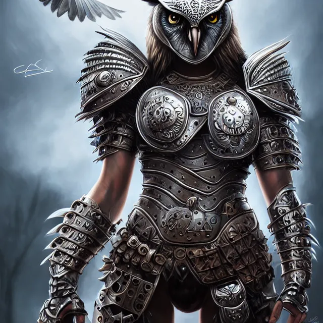 Image similar to warrior with metal owl armour, highly detailed, 4 k, hdr, smooth, sharp focus, high resolution, award - winning photo, artgerm, photorealistic