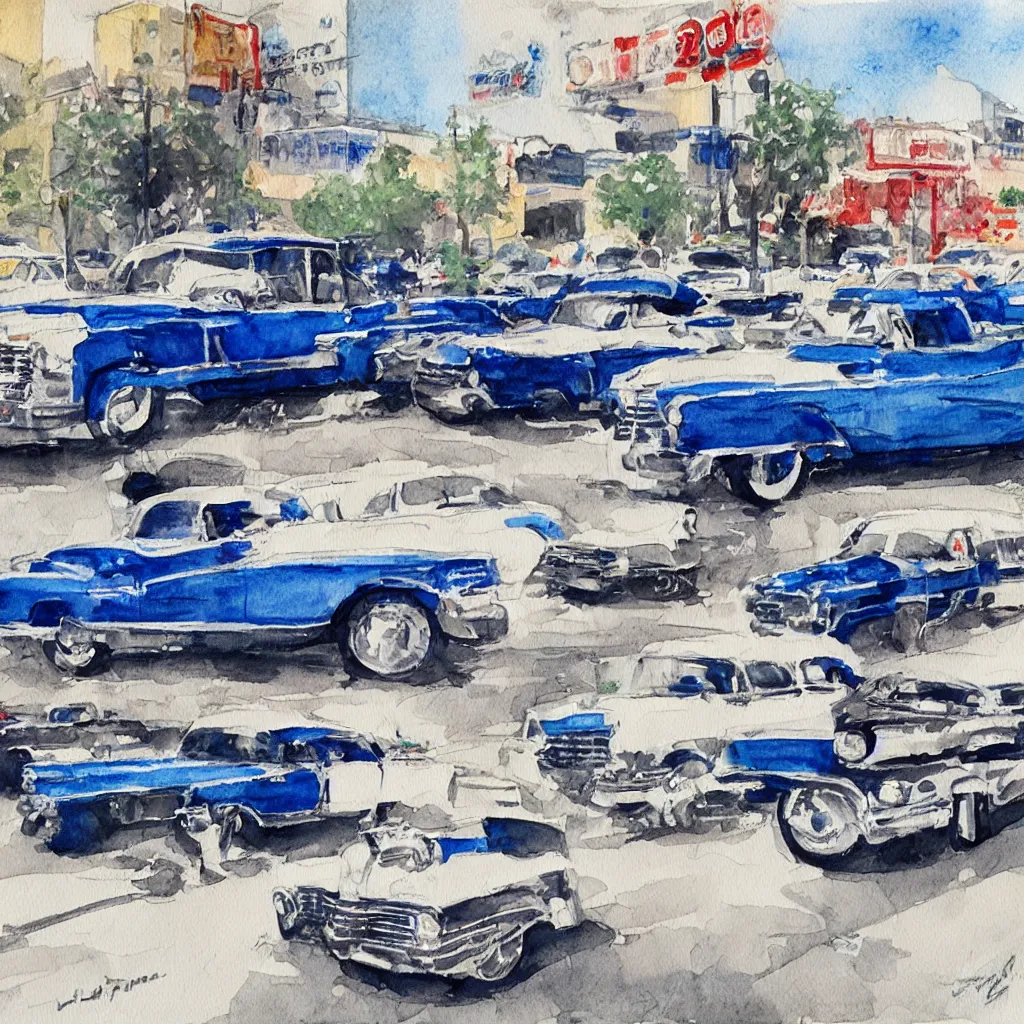 Image similar to 2 cadillacs, 1 blue and 1 white, parked in front of a 7 - 1 1 in downtown los angeles, vintage watercolor painting