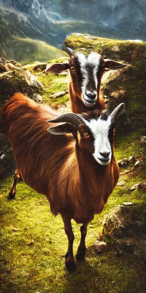 Prompt: a surreal painting of a goat in alpine mountains, photorealistic, cinematic, dramatic, vivid, dark and beautiful, higly, civilized, cinematic lighting