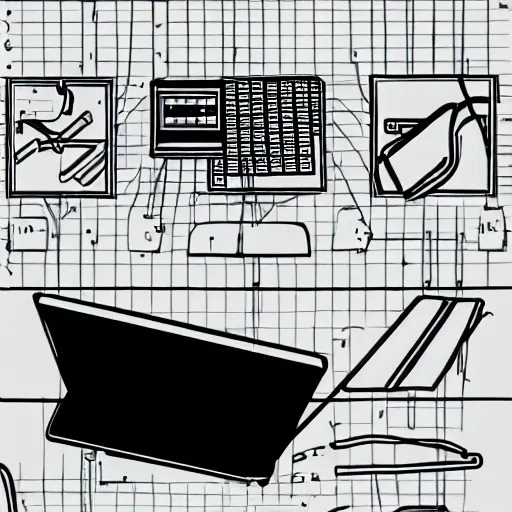 Prompt: ikea manual line art, ikea laptop, laptop parts assembly