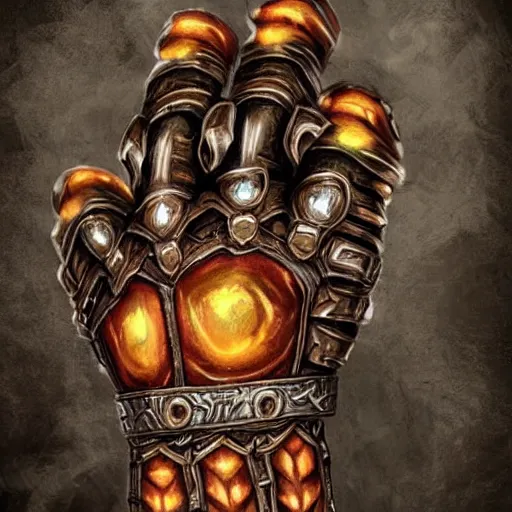 Prompt: warrior Gauntlet fist, war theme gauntlet fist, fantasy gauntlet of warrior, armored gauntlet fist, fiery coloring, epic fantasy style art, fantasy epic digital art, epic fantasy weapon art