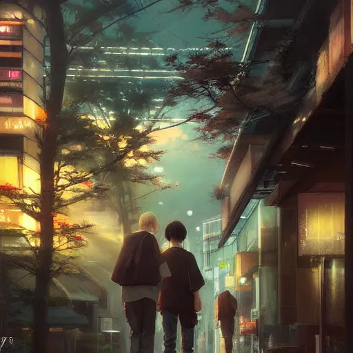 Image similar to evening tokyo walk in tachikawa. volumetric lighting, spring early morning, dew, nice weather, realistic illustration, perfectly shaded, soft painting, art by krenz cushart and wenjun lin